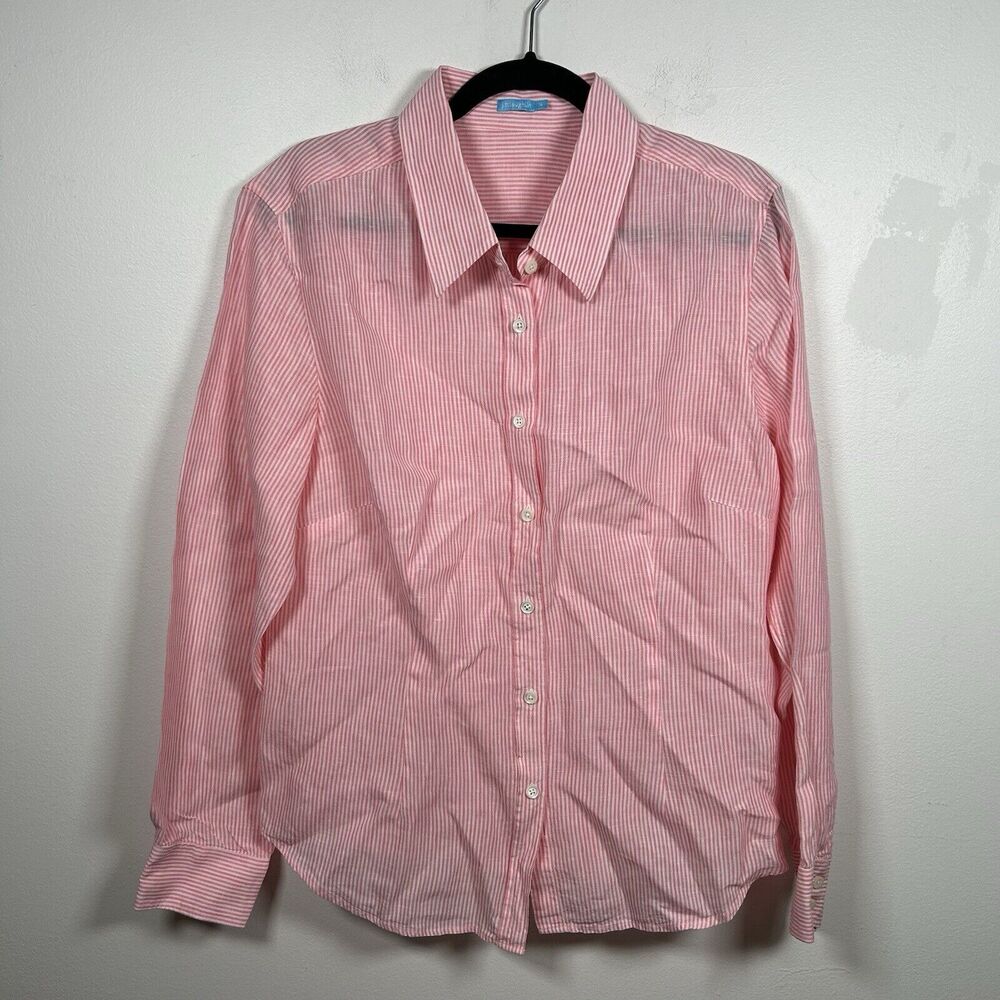 J. McLaughlin 100% Linen Button Shirt Tunic Relaxed Pink Striped Women Size 14 L